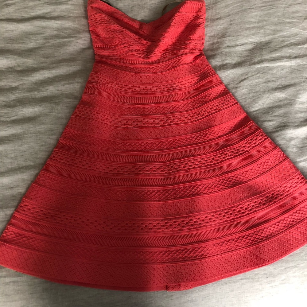 Herve Leger fit and flare pink strapless dress